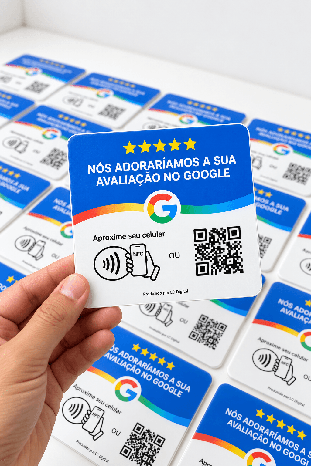Avaliações Google · Azul · NFC + QR Code