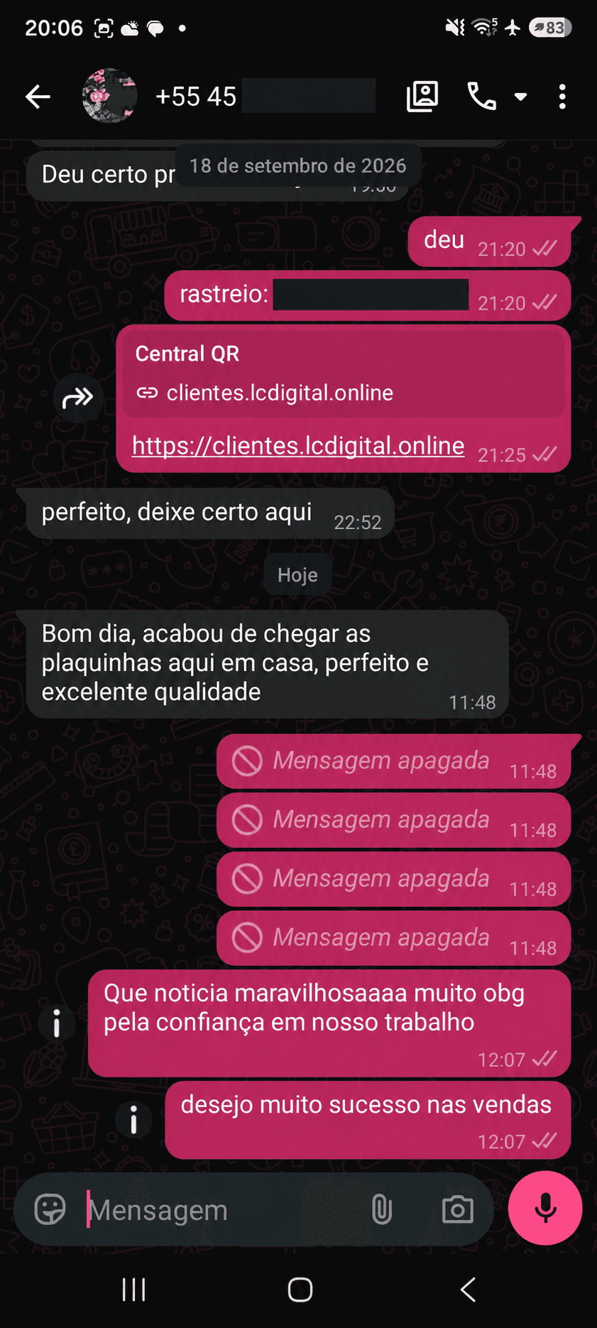 Conversa com Cliente · DDD 45, com telefone oculto