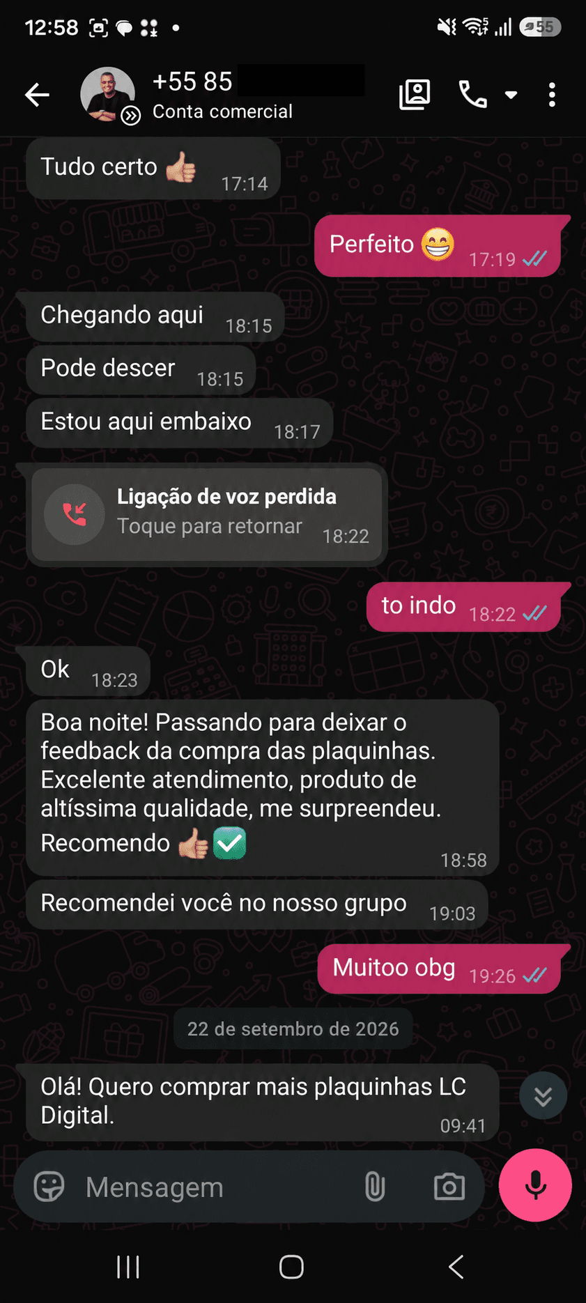 Conversa com Cliente · DDD 85, com telefone oculto